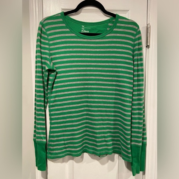 Gap Size M The Octavia Waffle Knit Crew Long Sleeve Top Kelly Green Gray Stripe - Picture 1 of 11